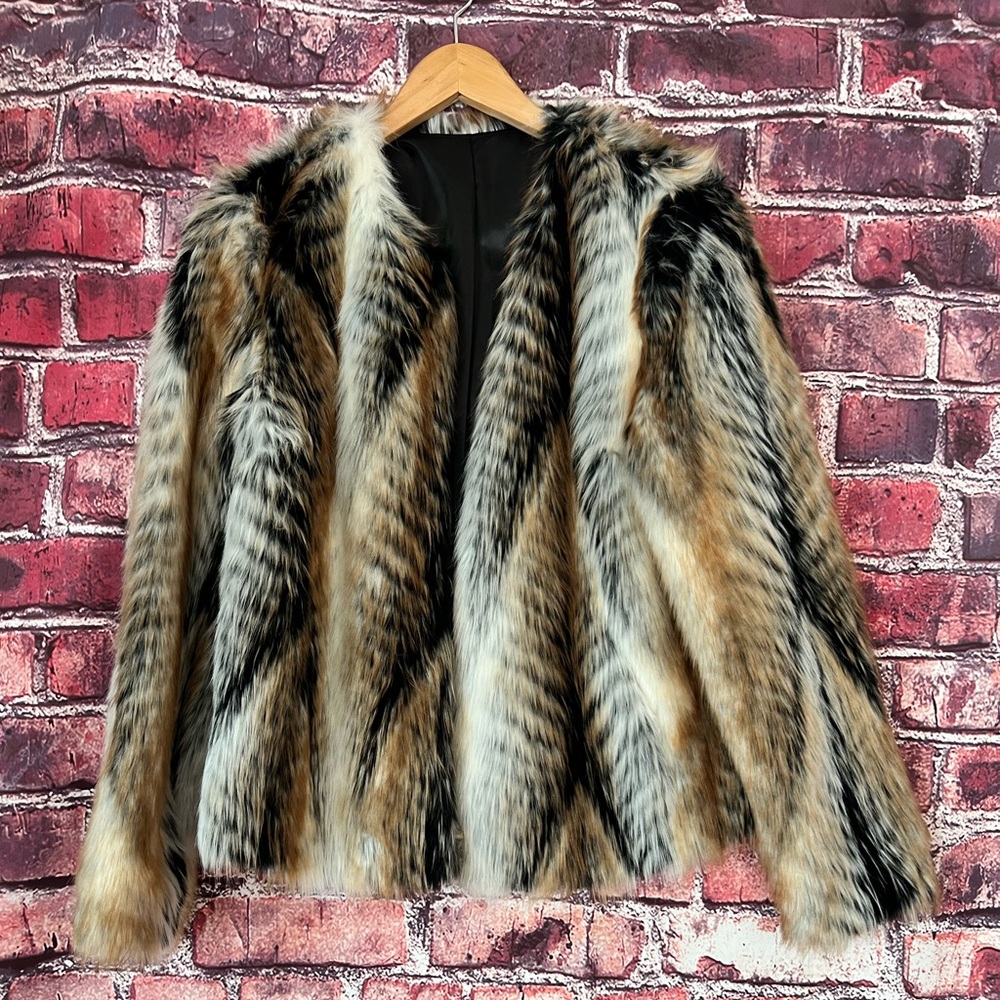 Tricolor Faux Fur Jacket Mob Wife Feathered Pattern Size S